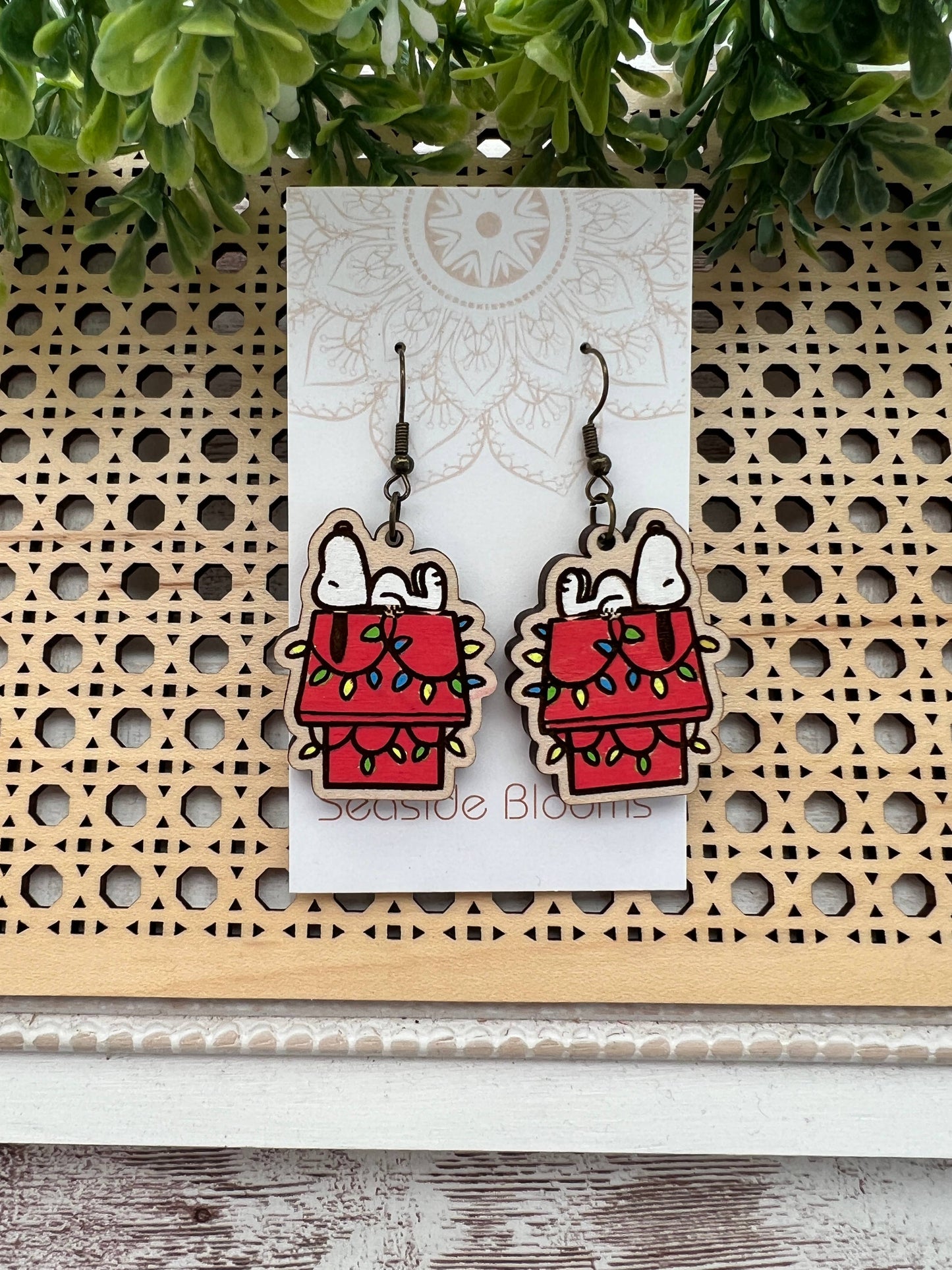 Wooden Earrings - Christmas Dog House