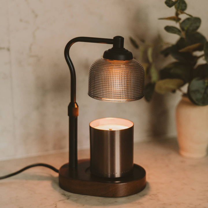 Wood Base Candle Lamp Warmer with Textured Glass Shade