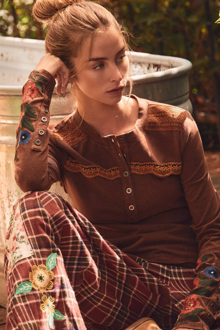 Wild Poppy Embroidered Henley Top