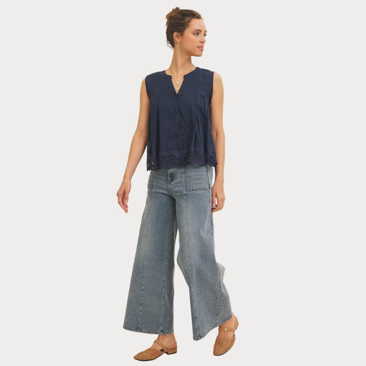 Eyelet Sleeveless Blouse | Button-Front Tank Top