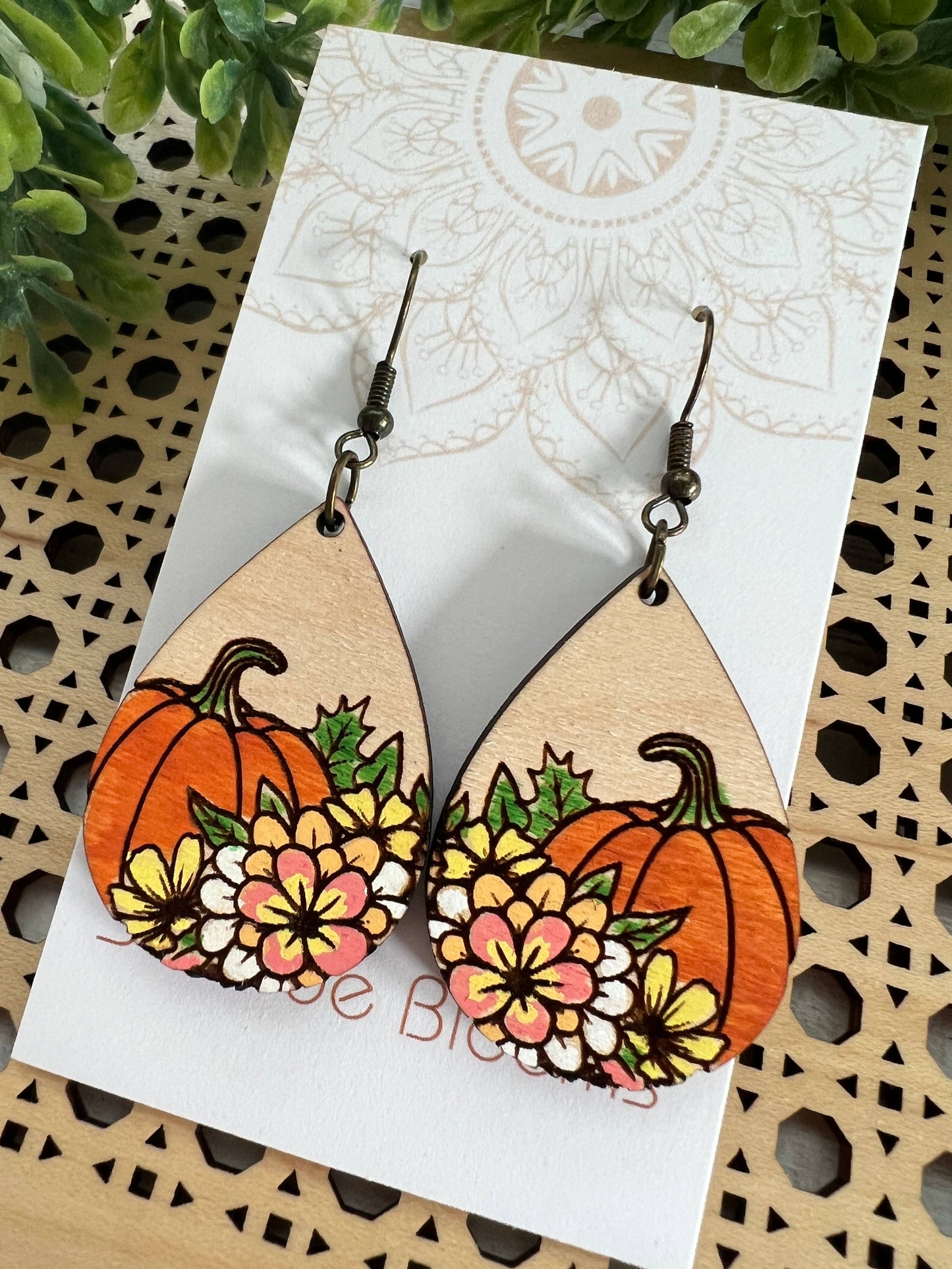 Wooden Earrings - Floral Pumpkin