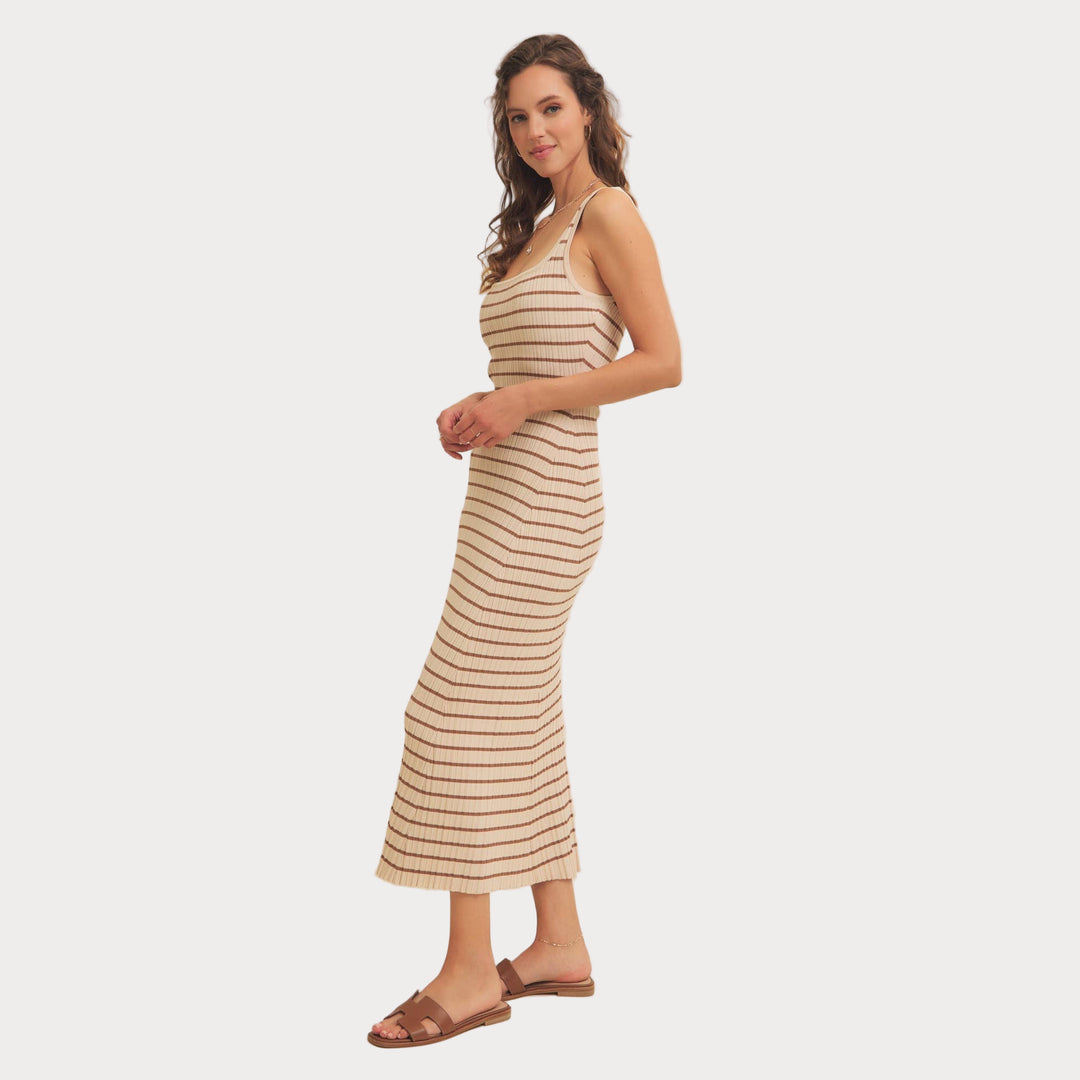 Striped Ribbed Knit Dress | Cream & Brown Midi Sweater Dress