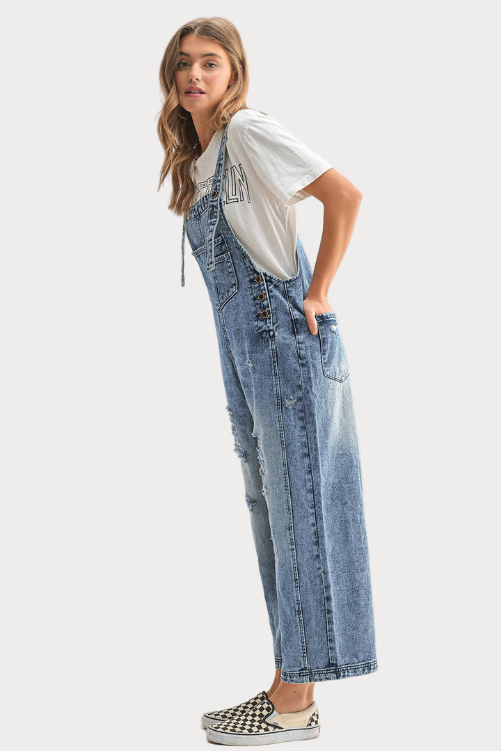 Distressed Wide-Leg Denim Overalls