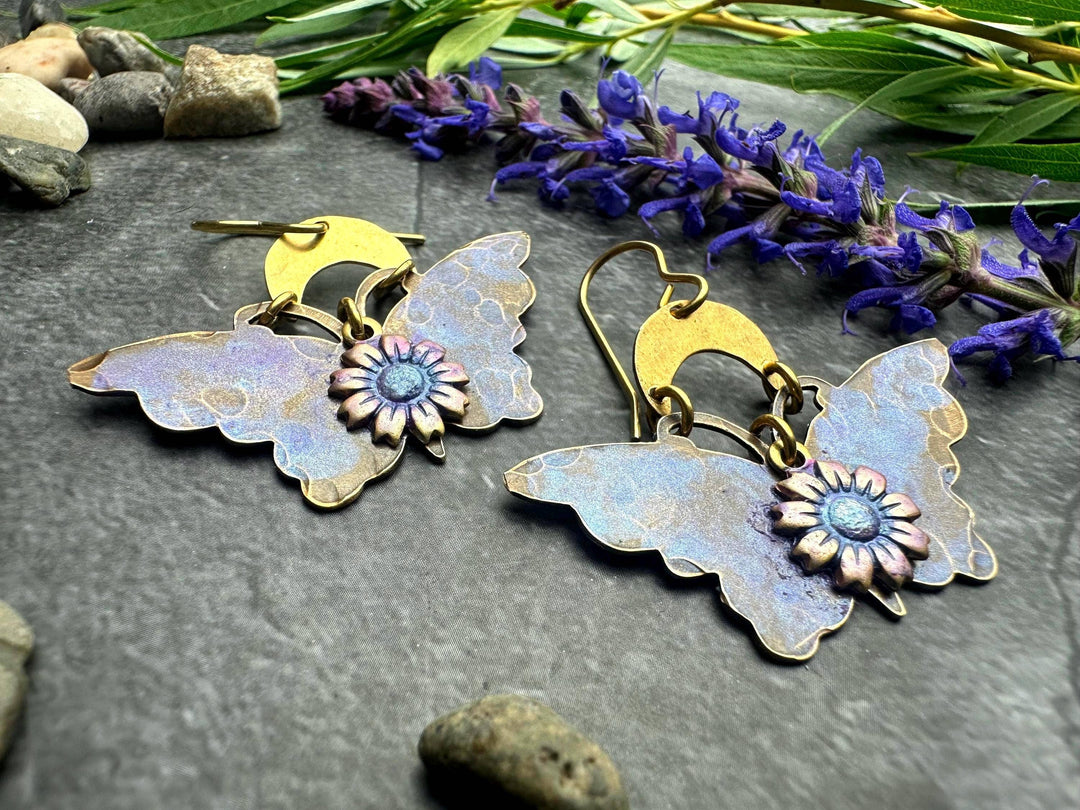 Lavender Butterfly Earrings Floral Brass Dangles Fairycore