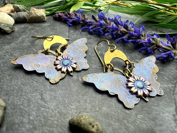 Lavender Butterfly Earrings Floral Brass Dangles Fairycore