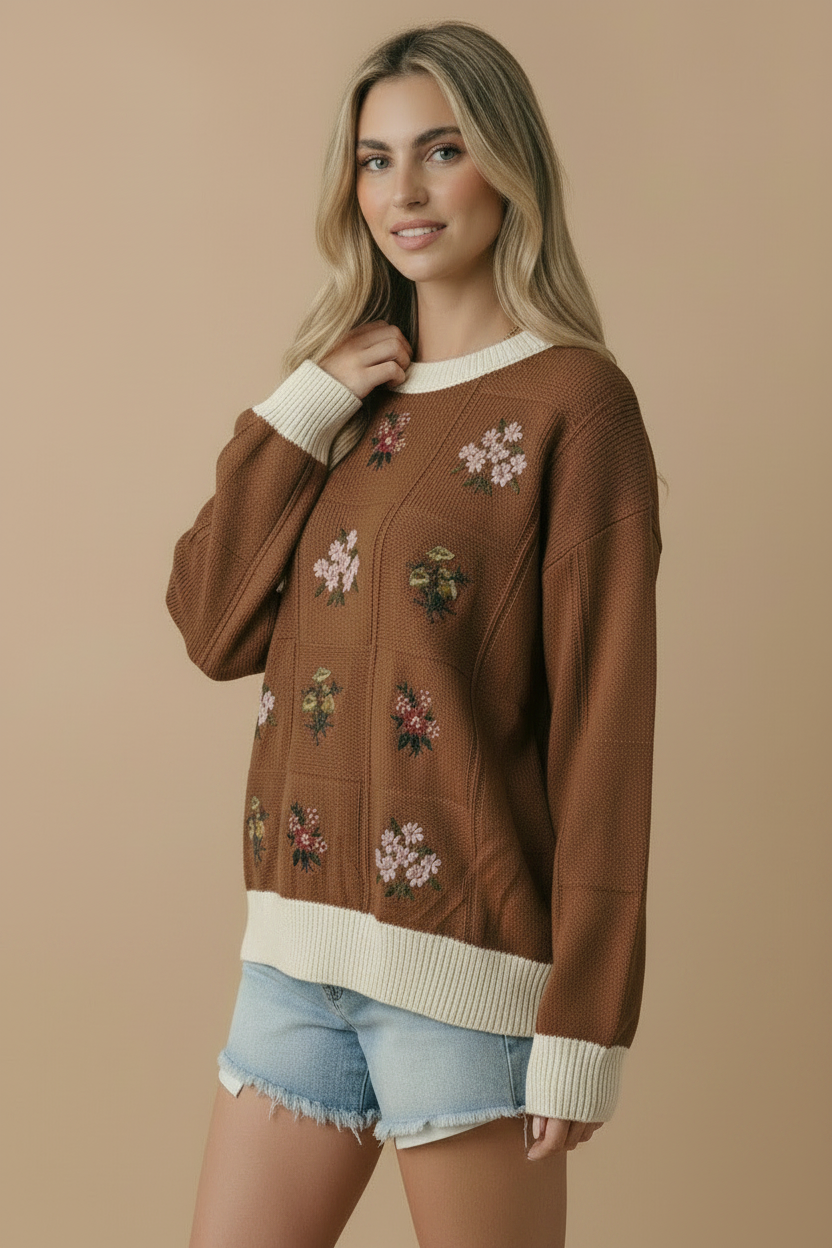 Round Neck Floral Embroidery Sweater Knit Top