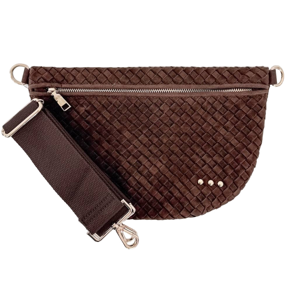 Brown woven waist bag with a strap on a white background
