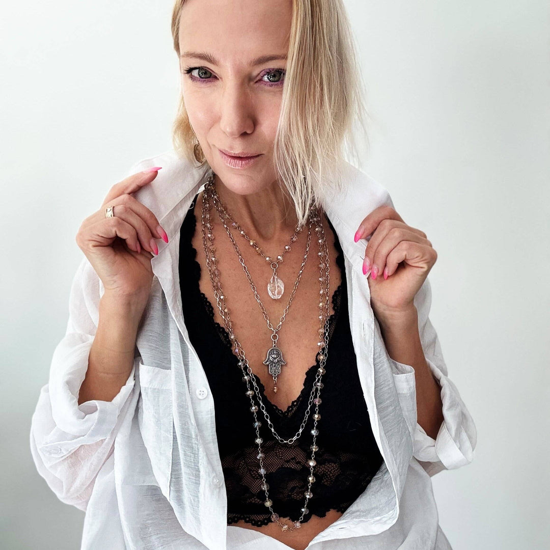 Peace Hamsa Crystal Rosary Necklace Layering Set