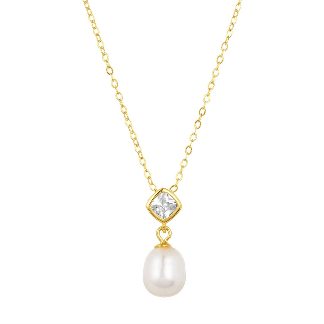gold necklace with cubic zirconia and freshwater pearl drop pendant
