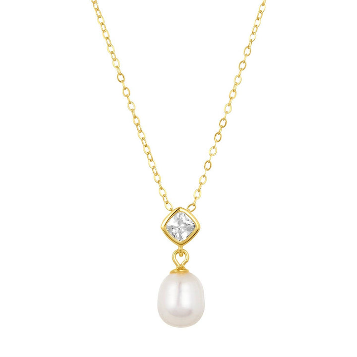gold necklace with cubic zirconia and freshwater pearl drop pendant