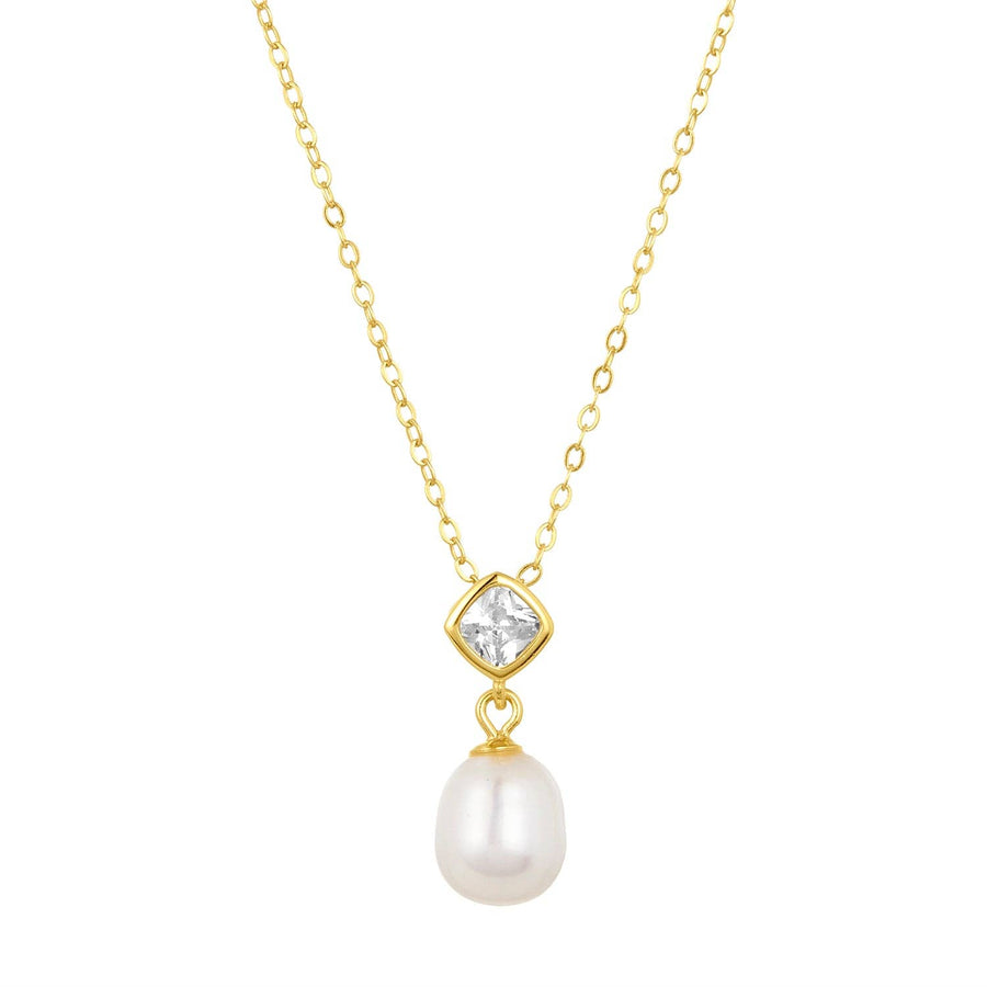 gold necklace with cubic zirconia and freshwater pearl drop pendant