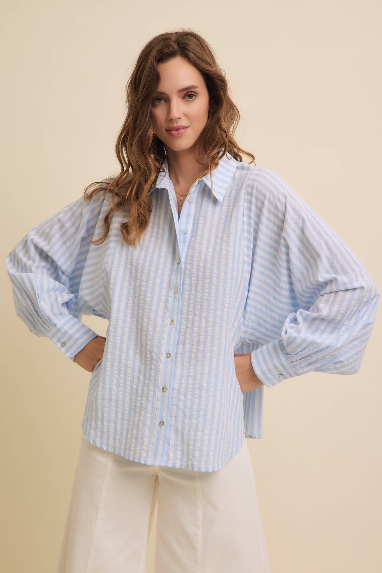 VOLUMINOUS SLEEVED BUTTON-DOWN COTTON STRIPE SHIRT