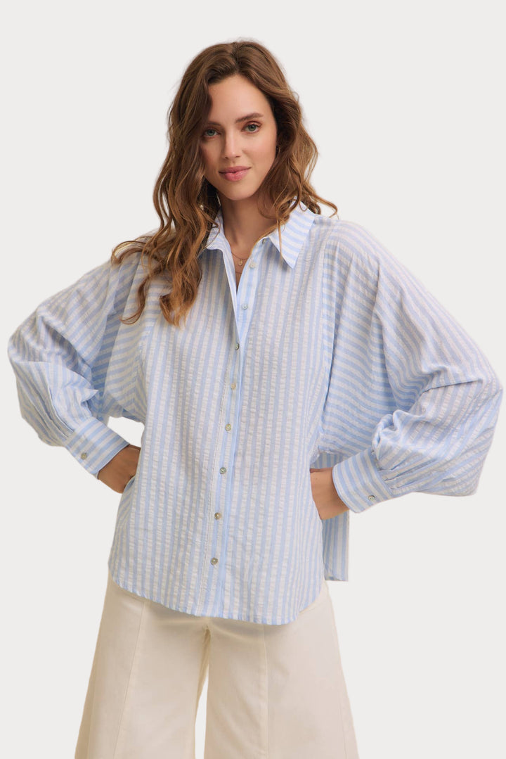 Striped Balloon Sleeve Blouse | Women's Relaxed Fit Button-Up