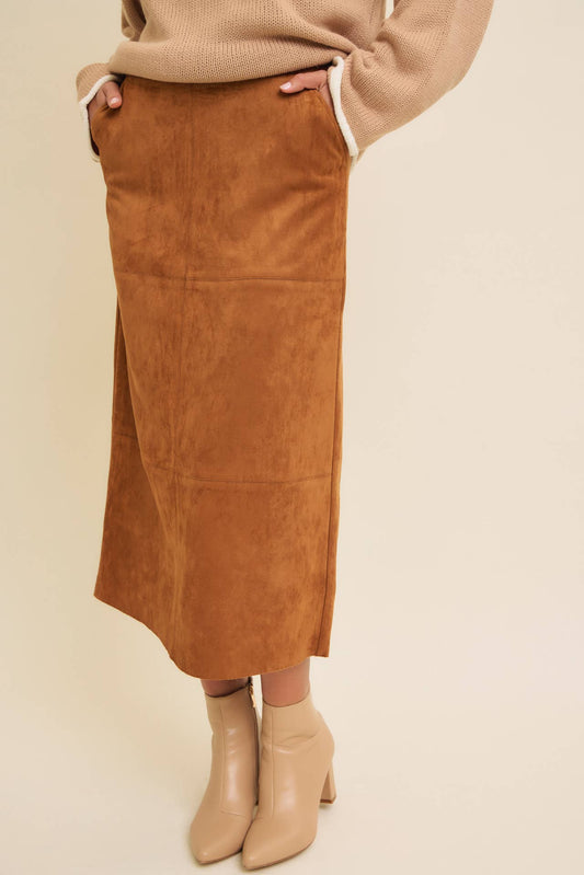 SUPER SOFT SUEDE GRID MIDI SKIRT WITH BACK SLIT