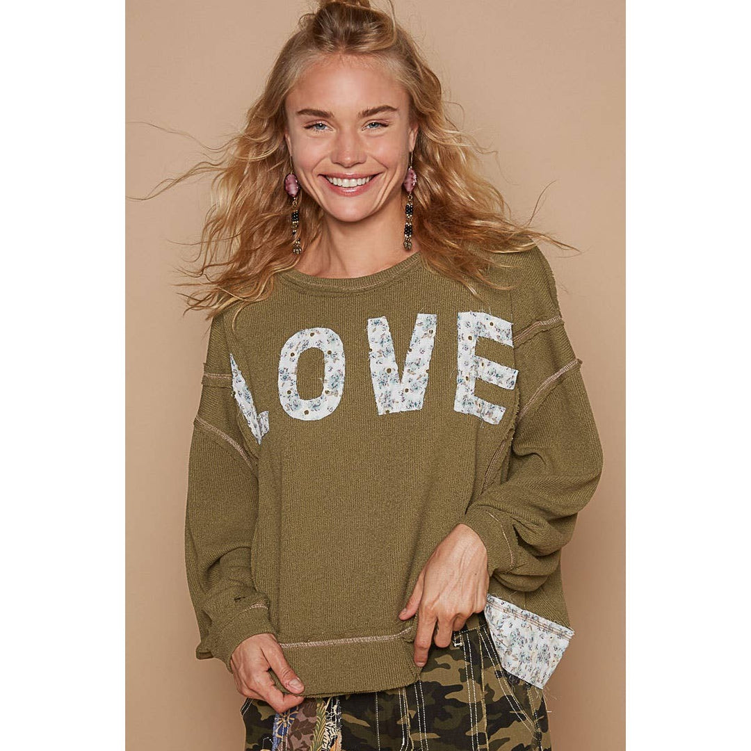 Round neck long sleeve LOVE solid top