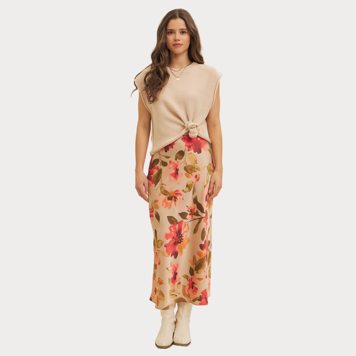 Floral Satin Bias Cut Maxi Skirt | Pink & Red Slip Skirt