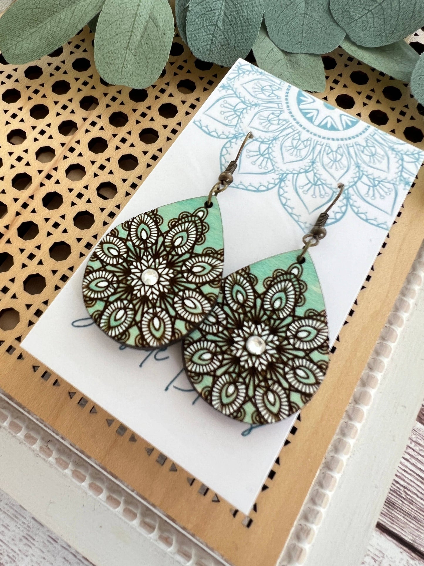 Wooden Earrings - Mandala- Green