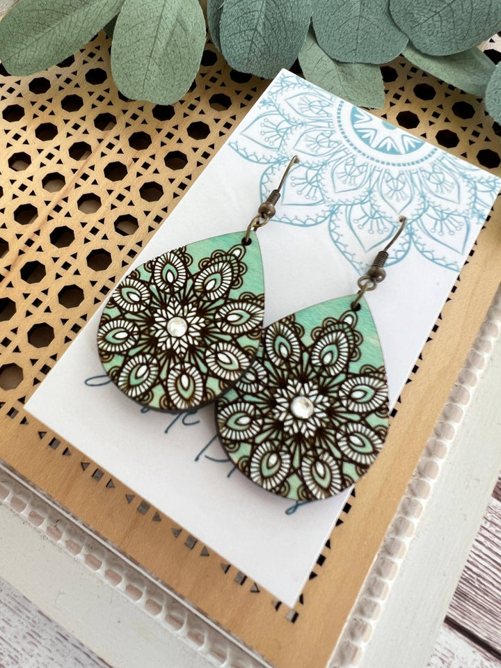 Wooden Earrings - Mandala- Green