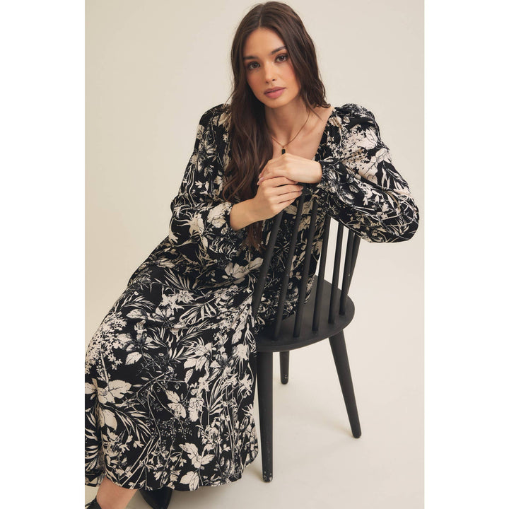 Black Floral Print Midi Dress | Long Bishop Sleeve Boho Dress