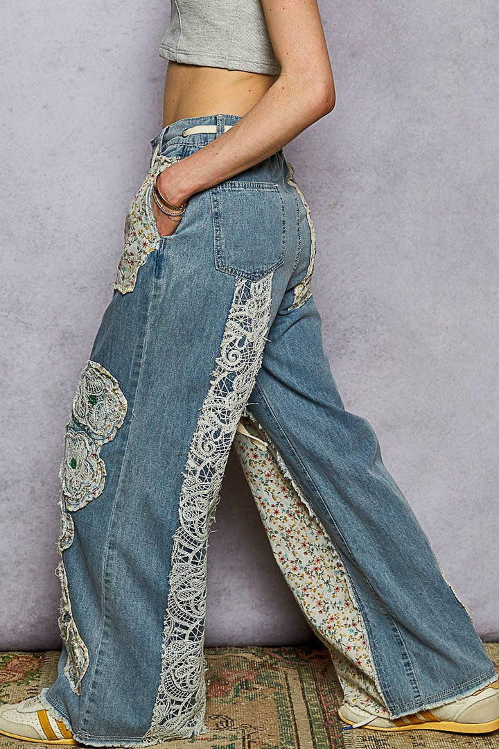 Drawstring Floral Patch Denim Pants – Effortless Boho Denim