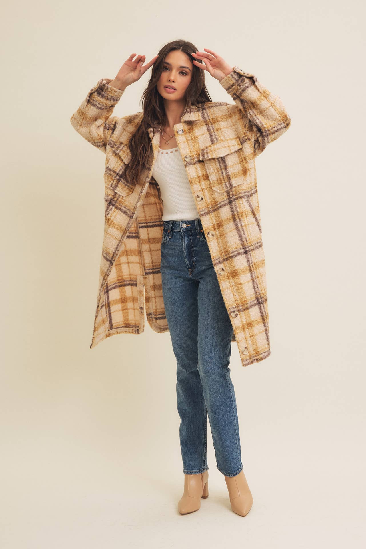 WESTERN PLAID BOUCLE OVERSIZED SHACKET WITH POCKETS