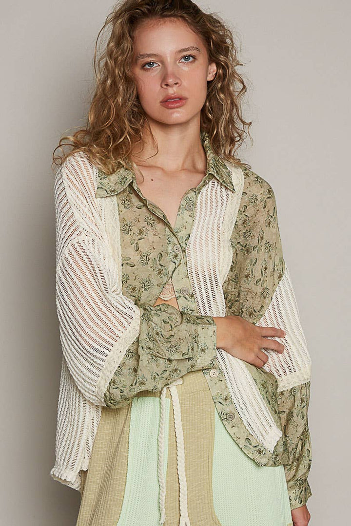 Vintage Olive Floral Button-Up Top with Cream Mesh Panel Accents