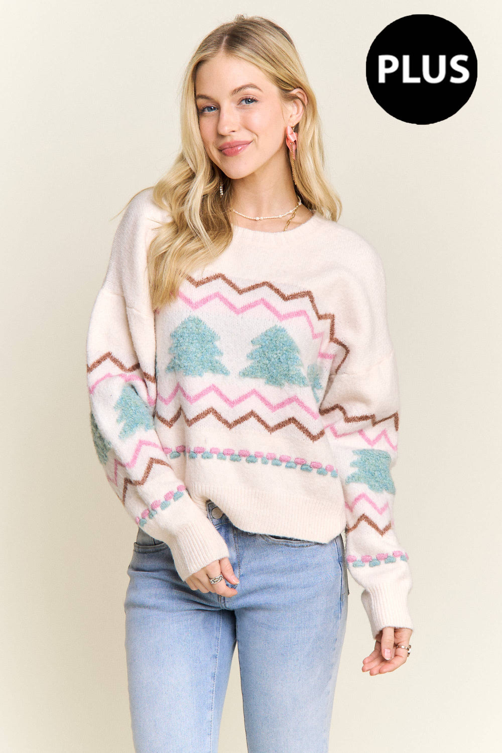“Plus size cream knit sweater with fluffy textured Christmas trees and pastel chevron stripes”