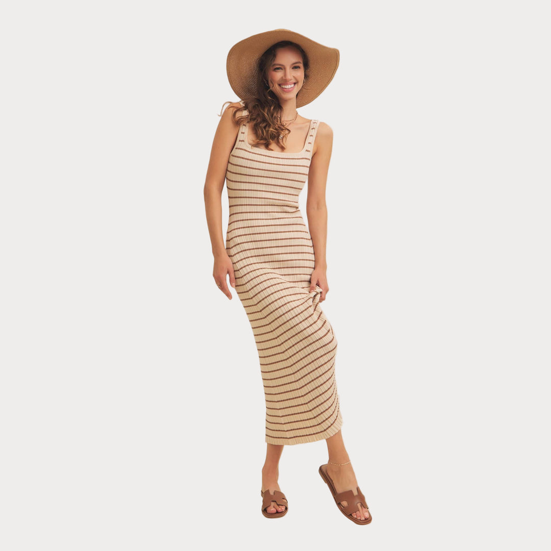 Striped Ribbed Knit Dress | Cream & Brown Midi Sweater Dress