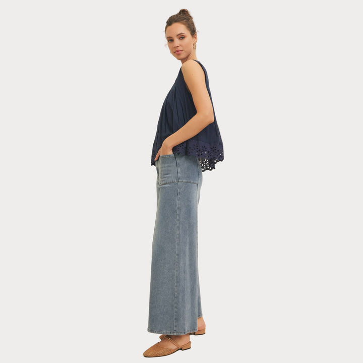 Eyelet Sleeveless Blouse | Button-Front Tank Top