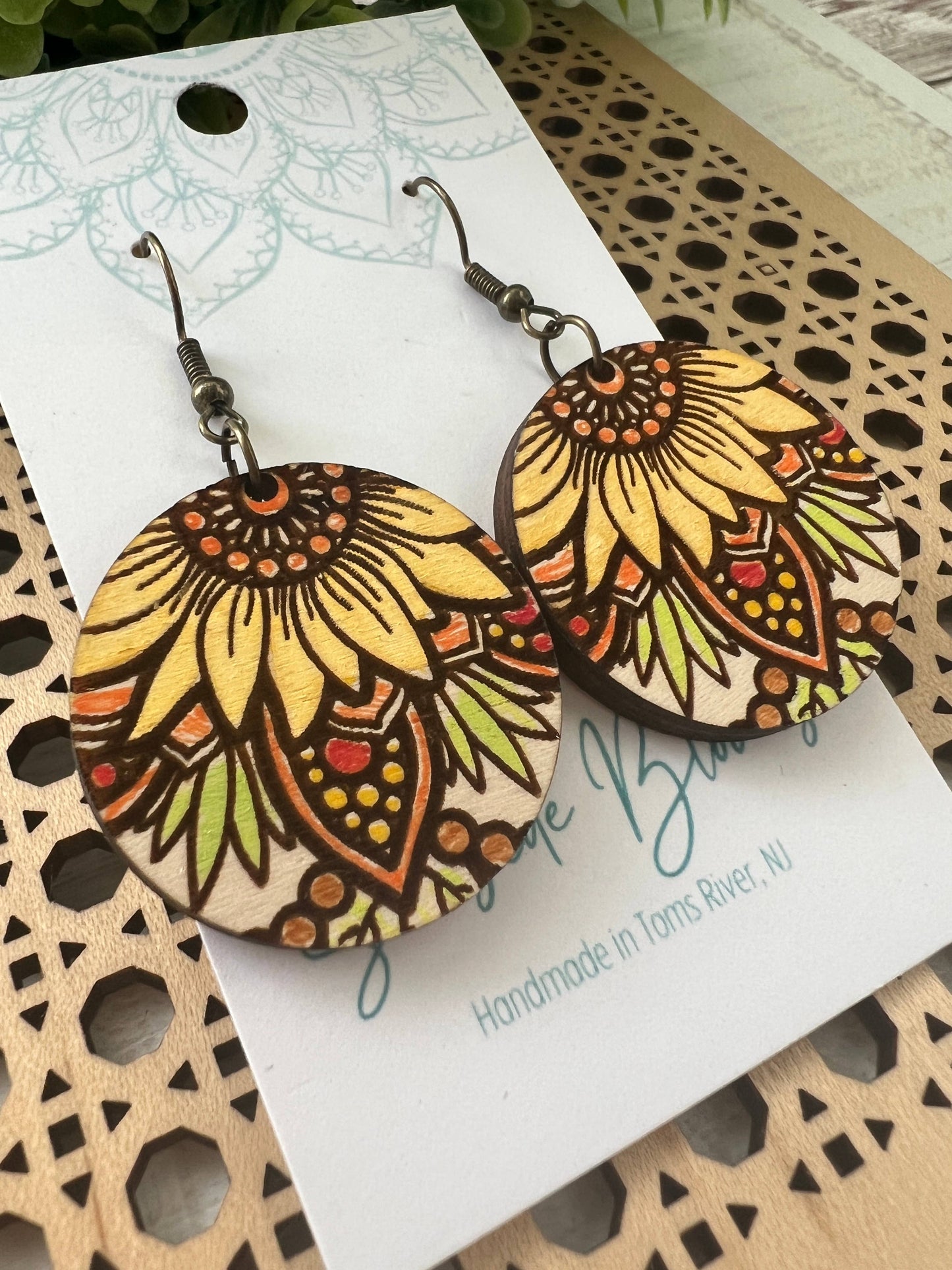 Wooden Earrings - Sunflower Mandala