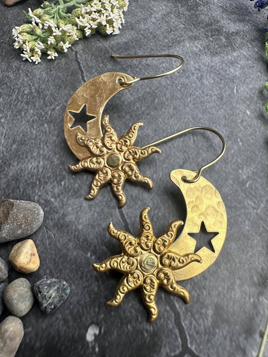 Hand Hammered Brass Sun Moon Earrings, Celestial Art Nouveau