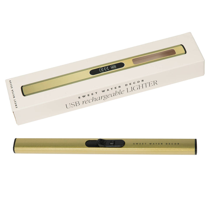 Gold USB rechargeable lighter with packaging on a white background