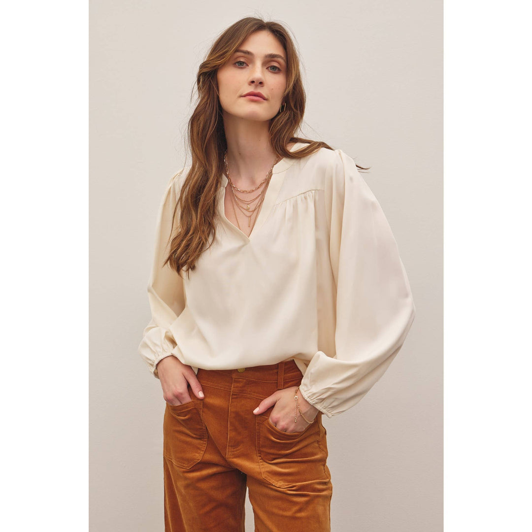 Split Neck Balloon Sleeve Blouse