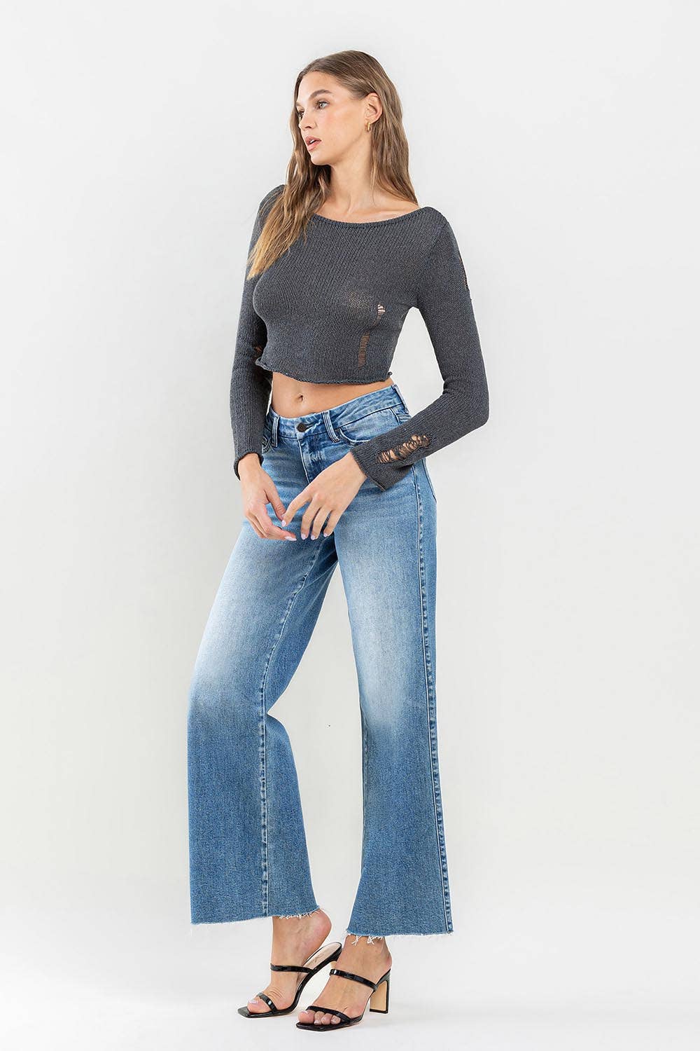 Olivia - Mid Rise Clean Cut Raw Hem Wide Jeans