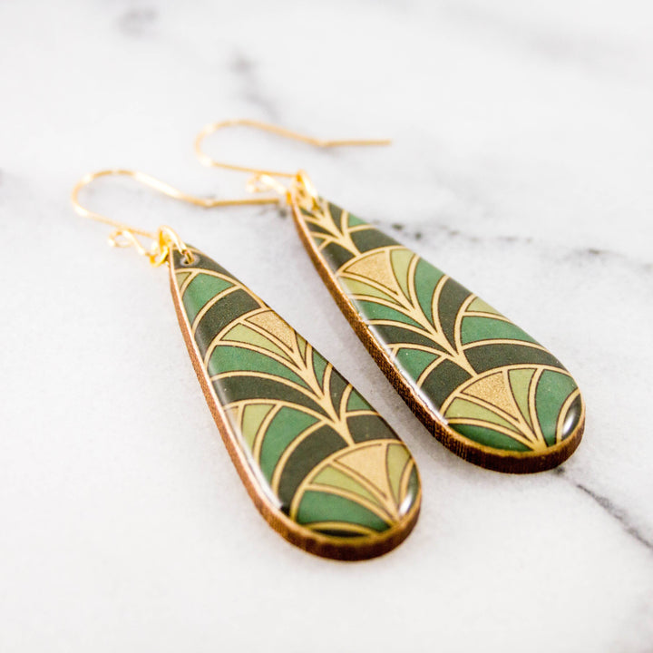 Green and gold Art Deco fan wooden teardrop earrings with geometric pattern and sterling silver ear wires