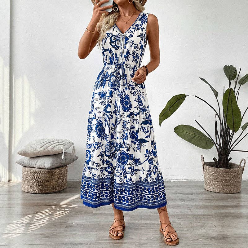 Blue & White Floral Maxi Dress
