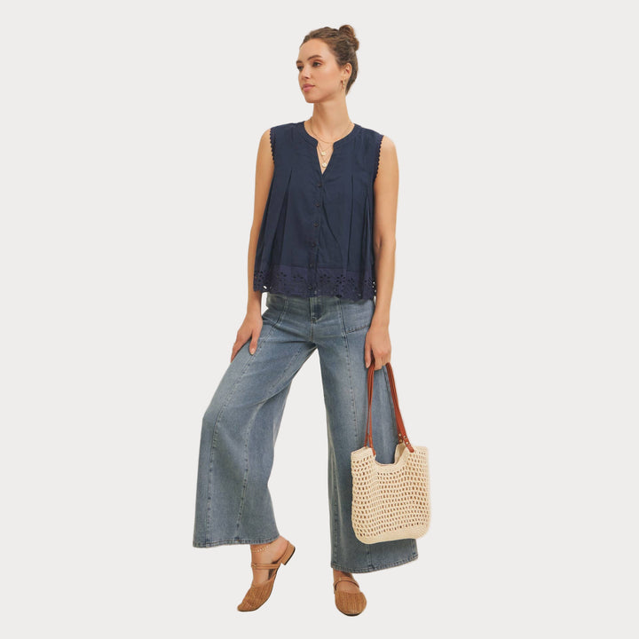 Eyelet Sleeveless Blouse | Button-Front Tank Top