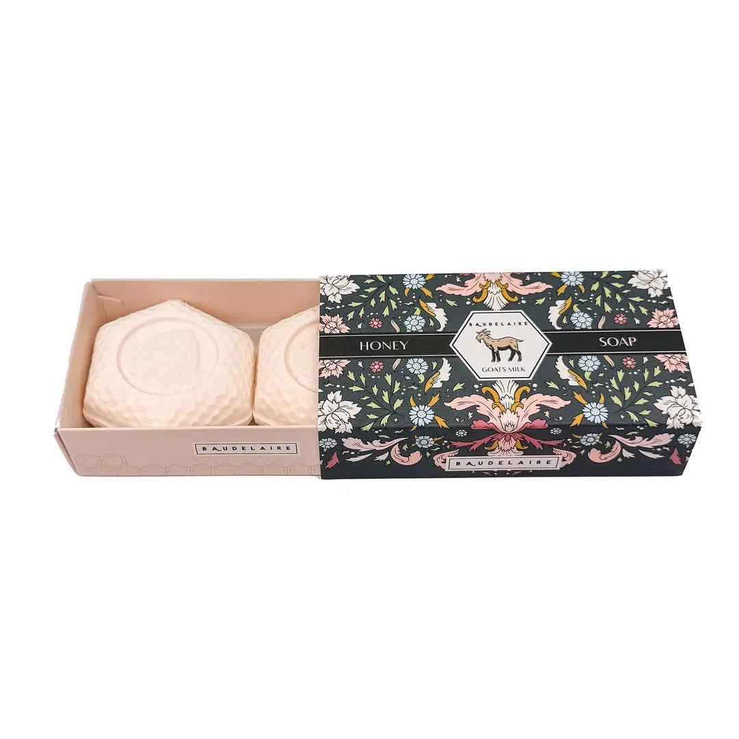 Goat's Milk Honey Soap Matchbox Duo with two mini hexagon-shaped moisturizing soap bars in decorative gift packaging.