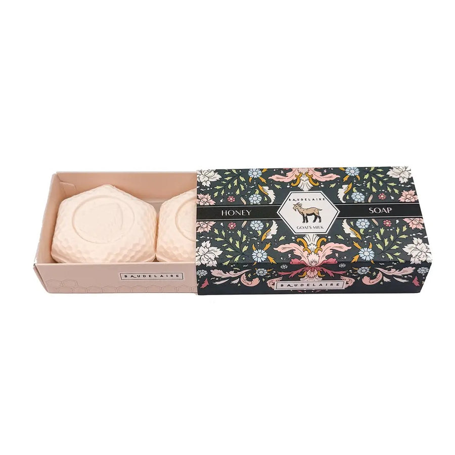 Goat's Milk Honey Soap Matchbox Duo with two mini hexagon-shaped moisturizing soap bars in decorative gift packaging.