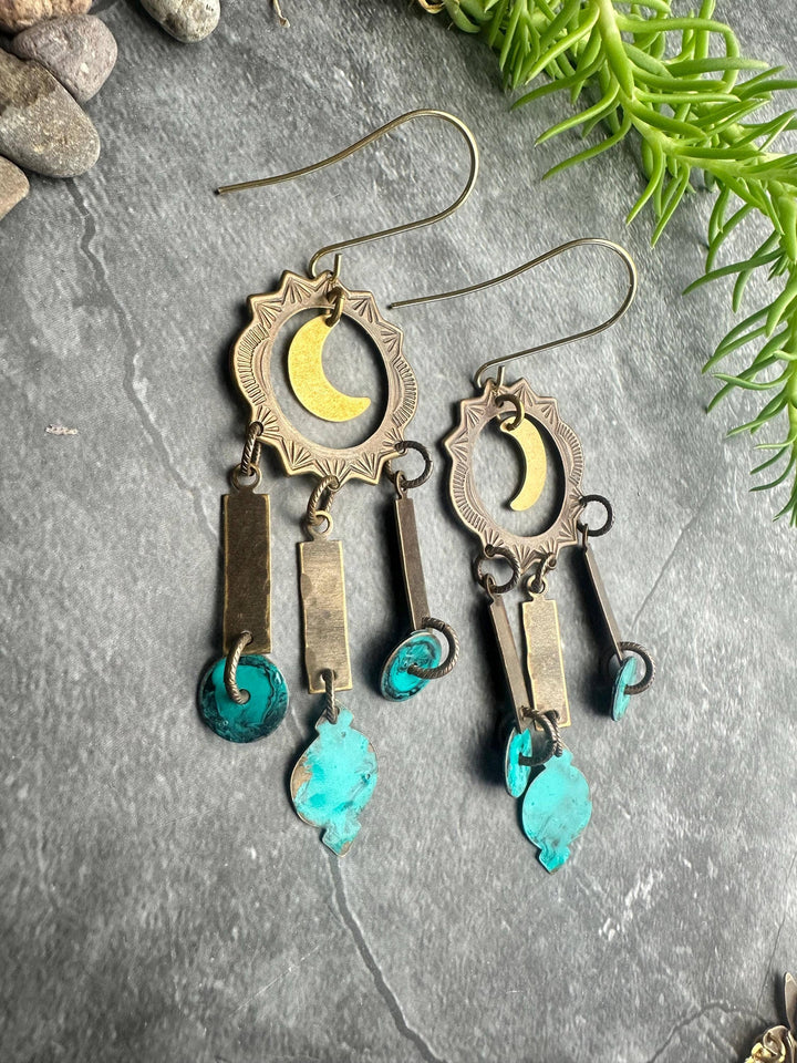 Celestial Moon Earrings Turquoise Patina Brass Chandelier Da