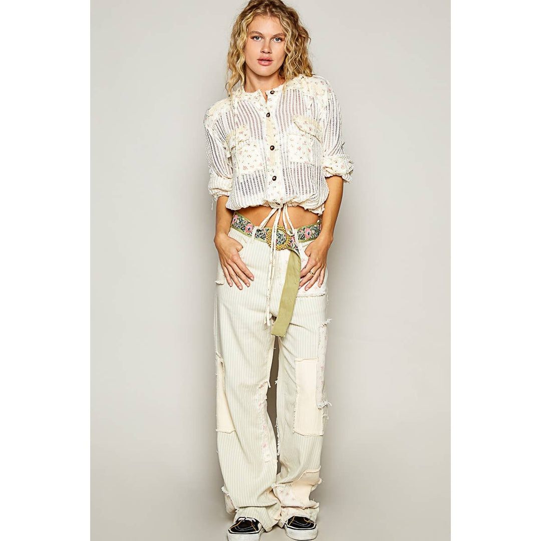Boho Chic Lilac Mesh Button-Up Top with Floral Patchwork Detail