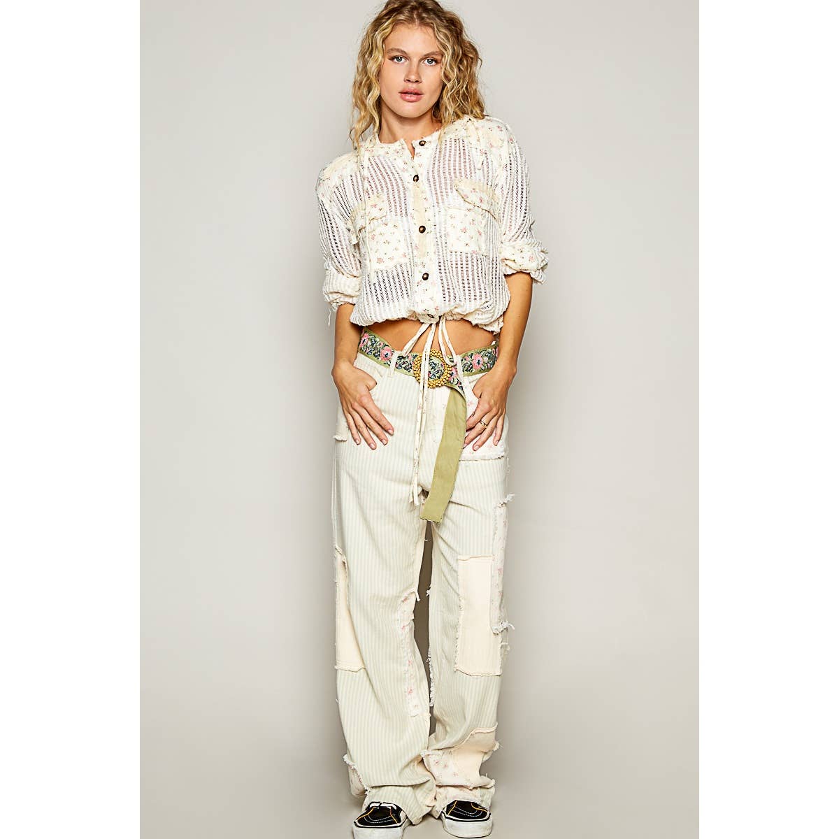 Boho Chic Lilac Mesh Button-Up Top with Floral Patchwork Detail