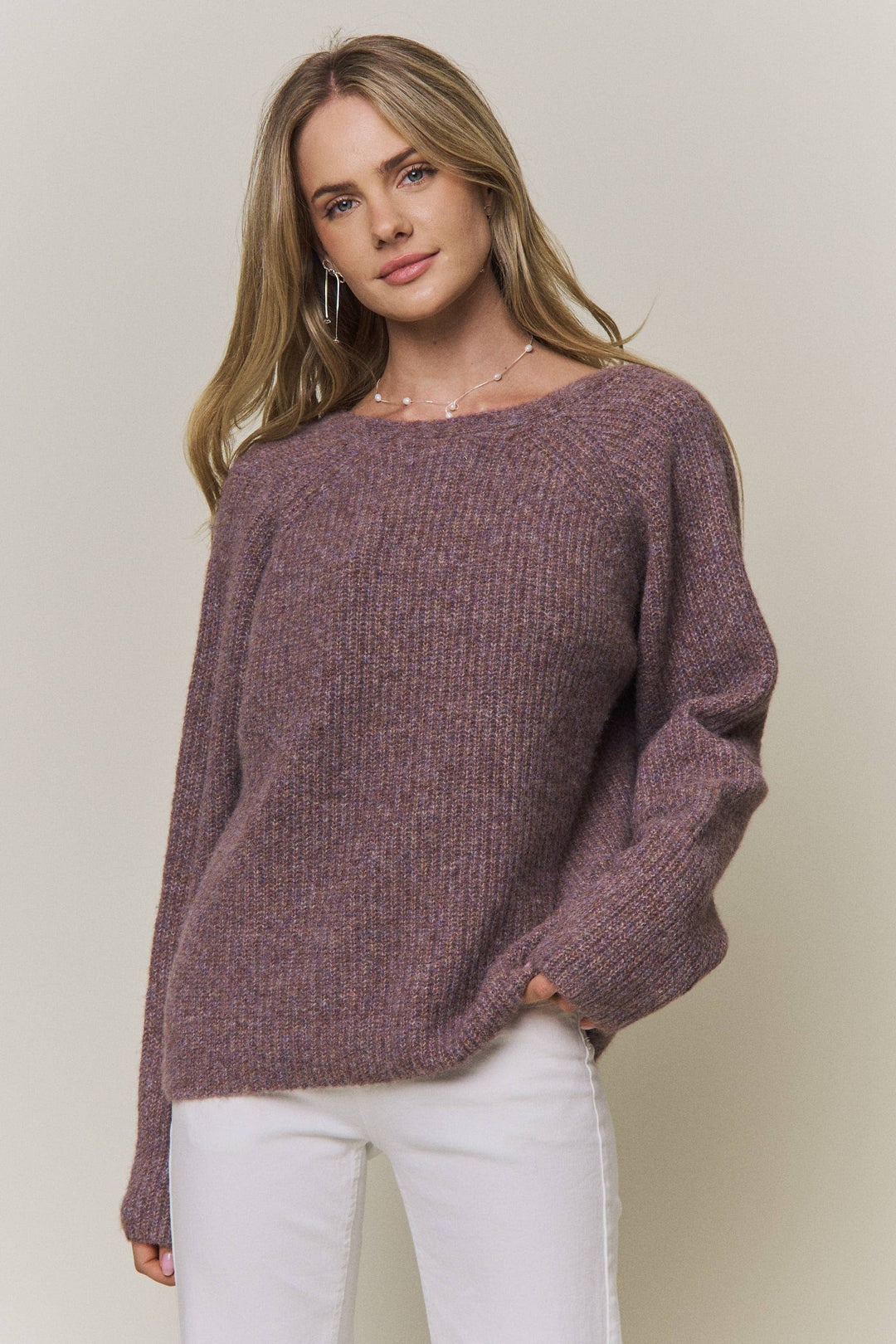 Everly reversible heathered mauve relaxed knit sweater with classic front & a twist detail in back

Image Alt Text – Classic Front: