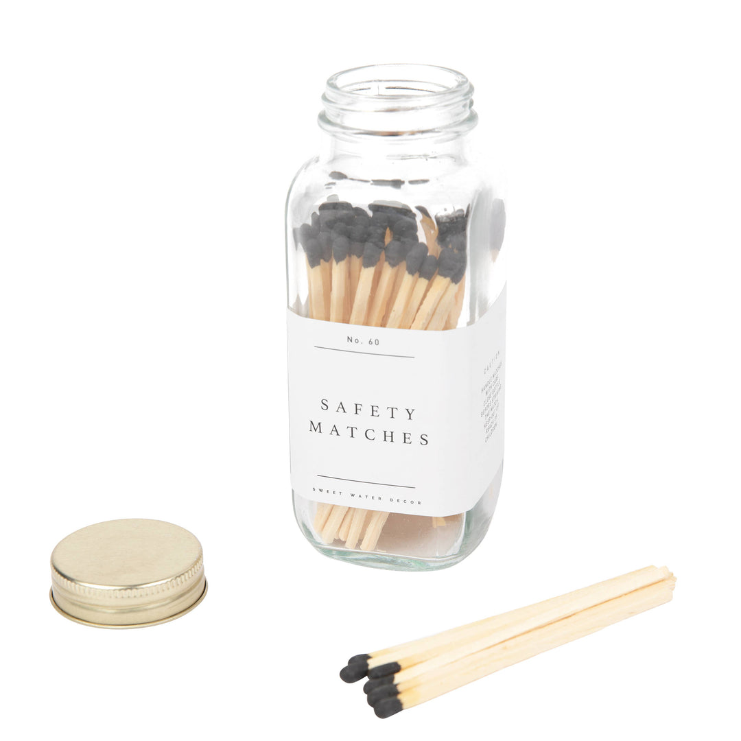 Sweet Water Decor black tip safety matches in clear glass jar with gold lid and approximately 60 long wooden matches