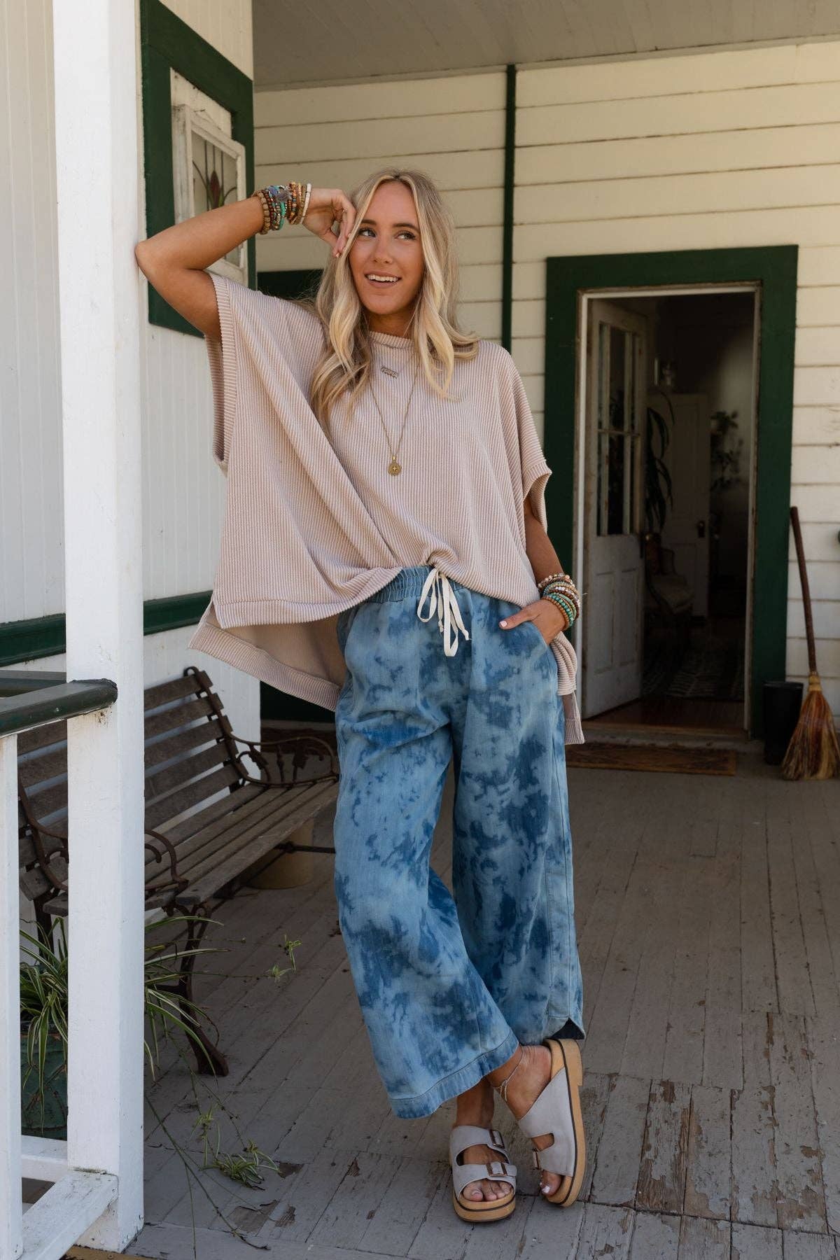 So Comfy Wide Leg Cropped Pant - Bleach Dye Denim