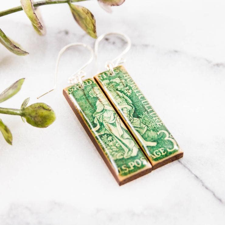 Vintage green 1958 gardening and horticulture U.S. postage stamp wooden earrings with sterling silver ear wires