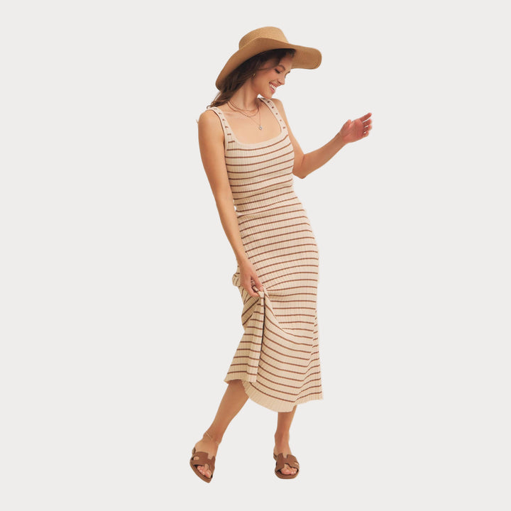 Striped Ribbed Knit Dress | Cream & Brown Midi Sweater Dress