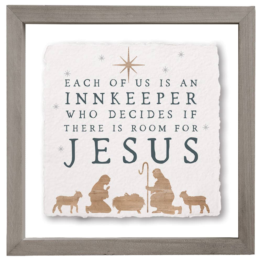 framed wall art with nativity silhouettes and quote “Each of us is an innkeeper who decides if there is room for Jesus”