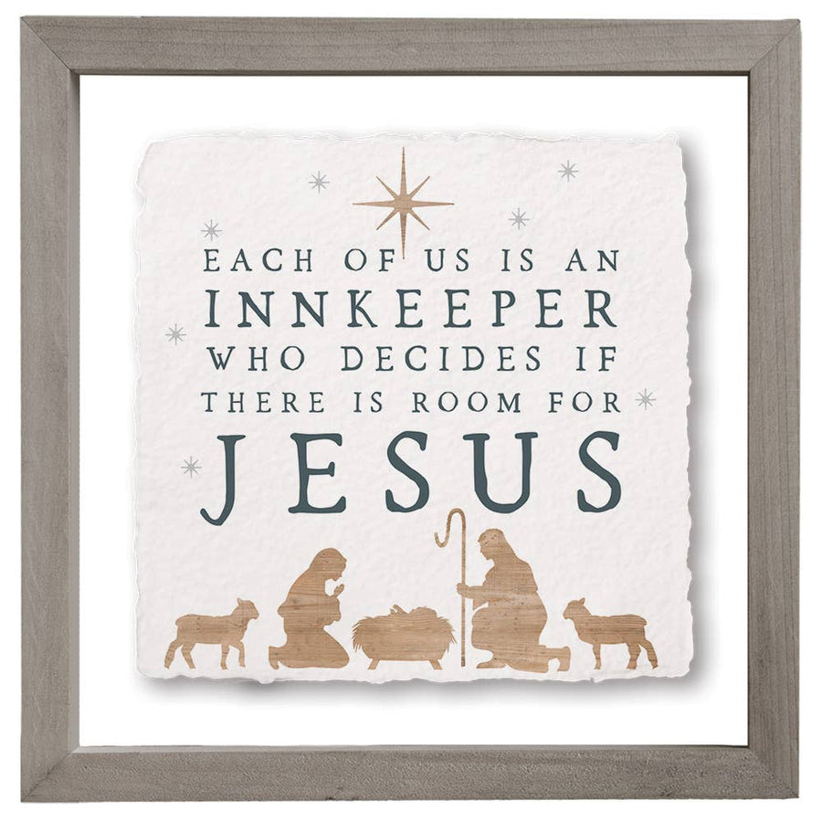 framed wall art with nativity silhouettes and quote “Each of us is an innkeeper who decides if there is room for Jesus”
