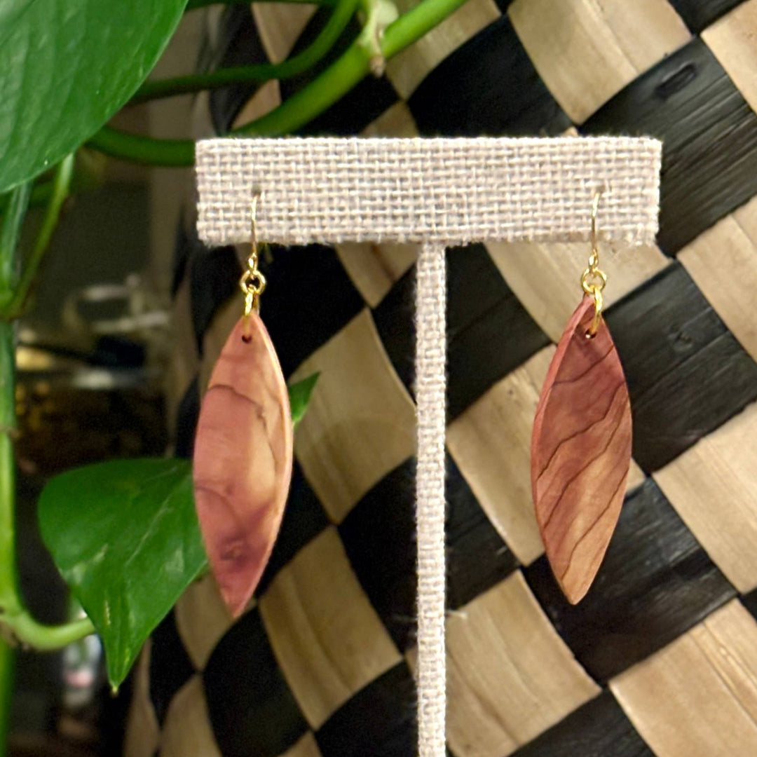 Handcrafted Slim Woodland Earrings featuring natural wood grain in a slender lightweight design with hypoallergenic stainless-steel hooks.